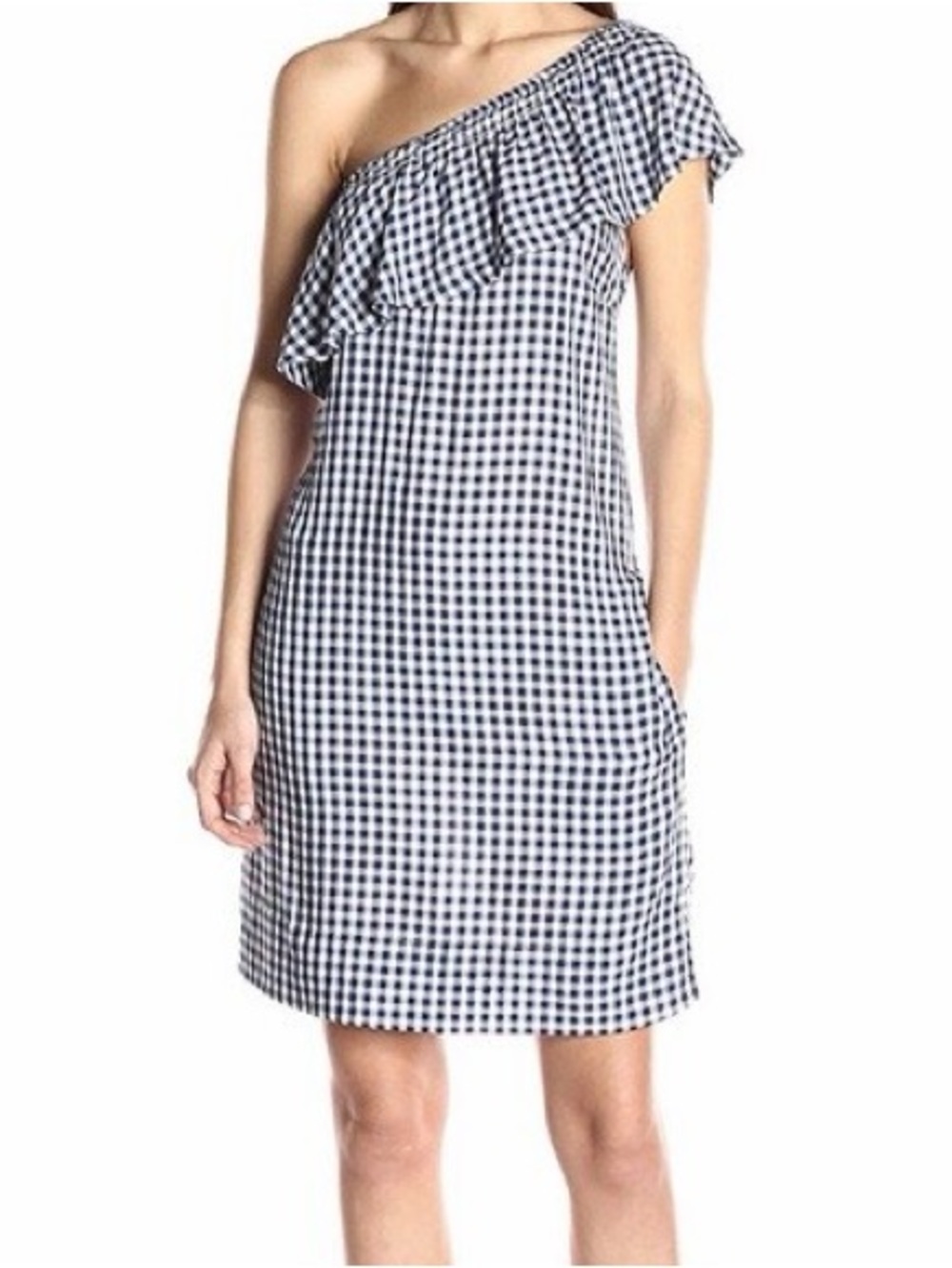 Velvet by Graham & Spencer Virgie One Shoulder Ruffle Gingham Blue Shift Dress S